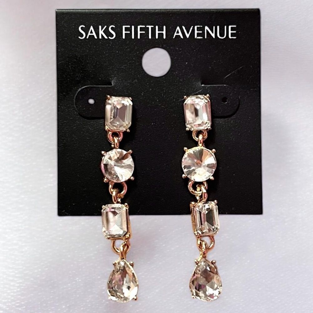 Saks Fifth Avenue Gold Clear Crystal Linear Drop Earrings